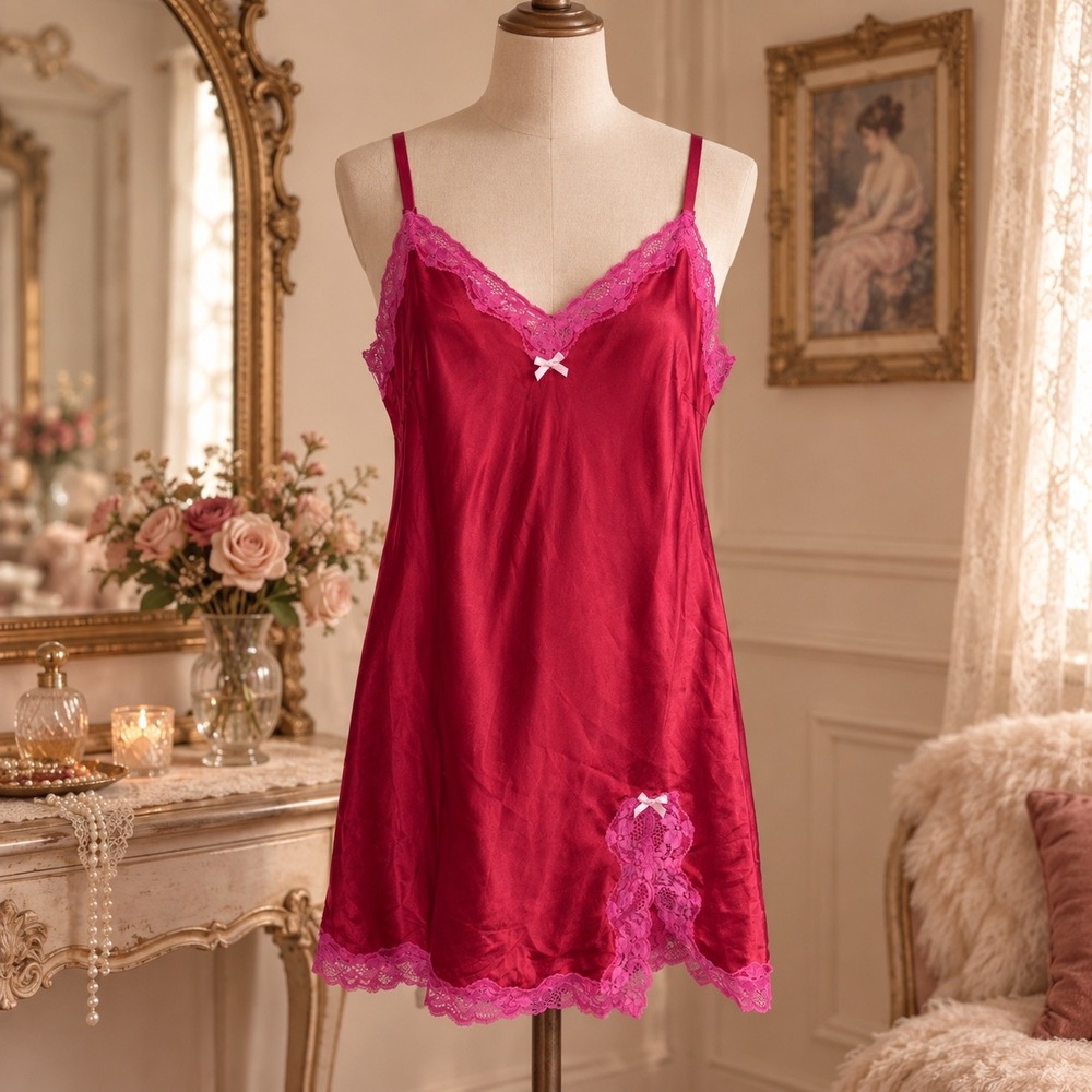 Victoria's Secret Large Fuchsia Satin Lace Chemise Slip Dress Y2K Coquette